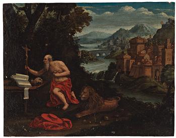 Adriaen van Stalbemt Attributed to, Landscape with St. Jerome.