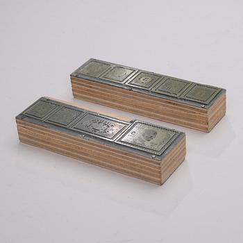 TRYCKBLOCK, 2 delar, trä och metall, Sverige 1858-1928.