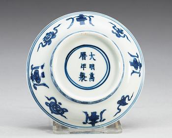 A blue and with dish, Ming dynasty, with Wanli six character mark.