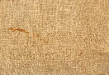 Alf Munthe, a textile, "Välkommen", embroidery and pile on fabric, ca 244,5 x 87-89 cm.
