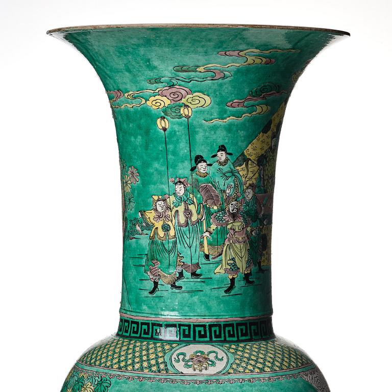 A massive famille verte bisquit vase, Qing dynasty with Kangxi mark to base.