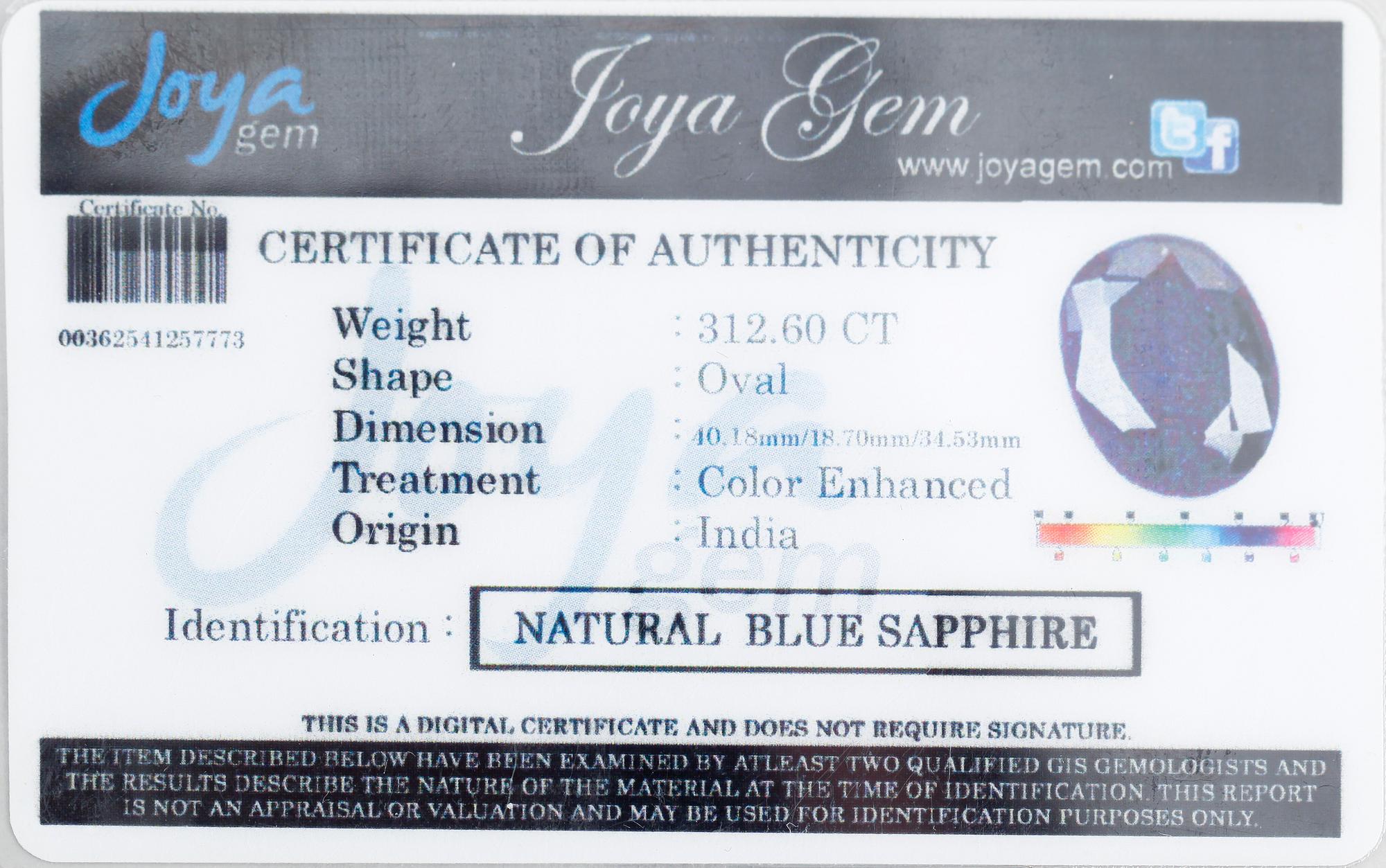 SAFIR, blå, oval fasetterad, ca 312.60 ct.