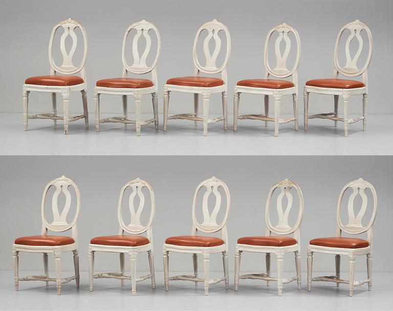 Ten matched Gustavian late 18th century chairs.