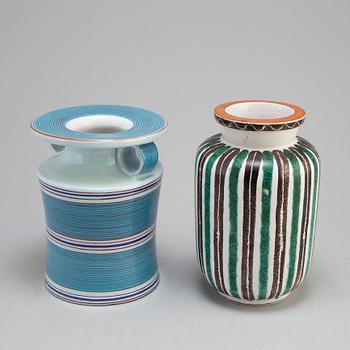 STIG LINDBERG, a faience dish and two vases from Gustavsberg studio.