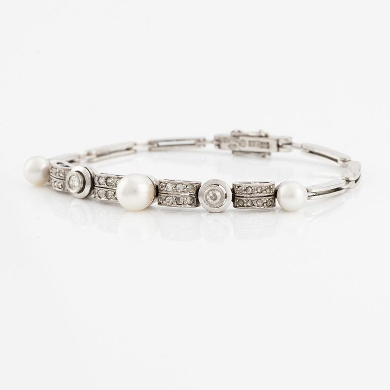 Armband/tiara, med pärlor, gammalslipade och rosenslipade diamanter.