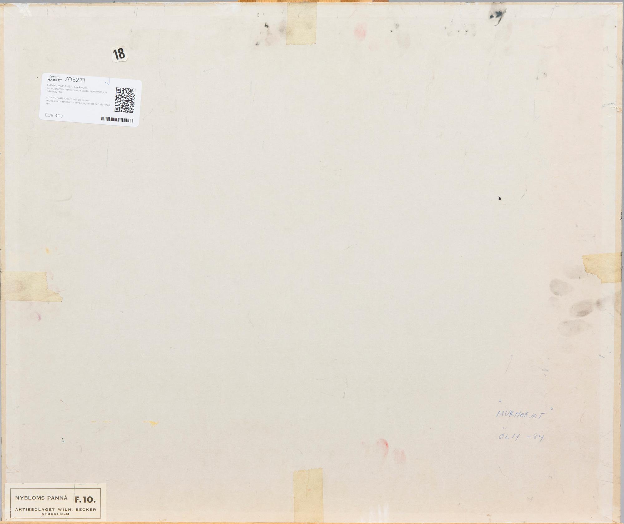 HANNU VÄISÄNEN, olja på pannå, monogramsignerad, a tergo signerad och daterad -84.