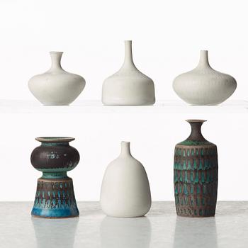 Stig Lindberg, a set of six stoneware miniature vases, Gustavsberg studio, Sweden 1958-62.