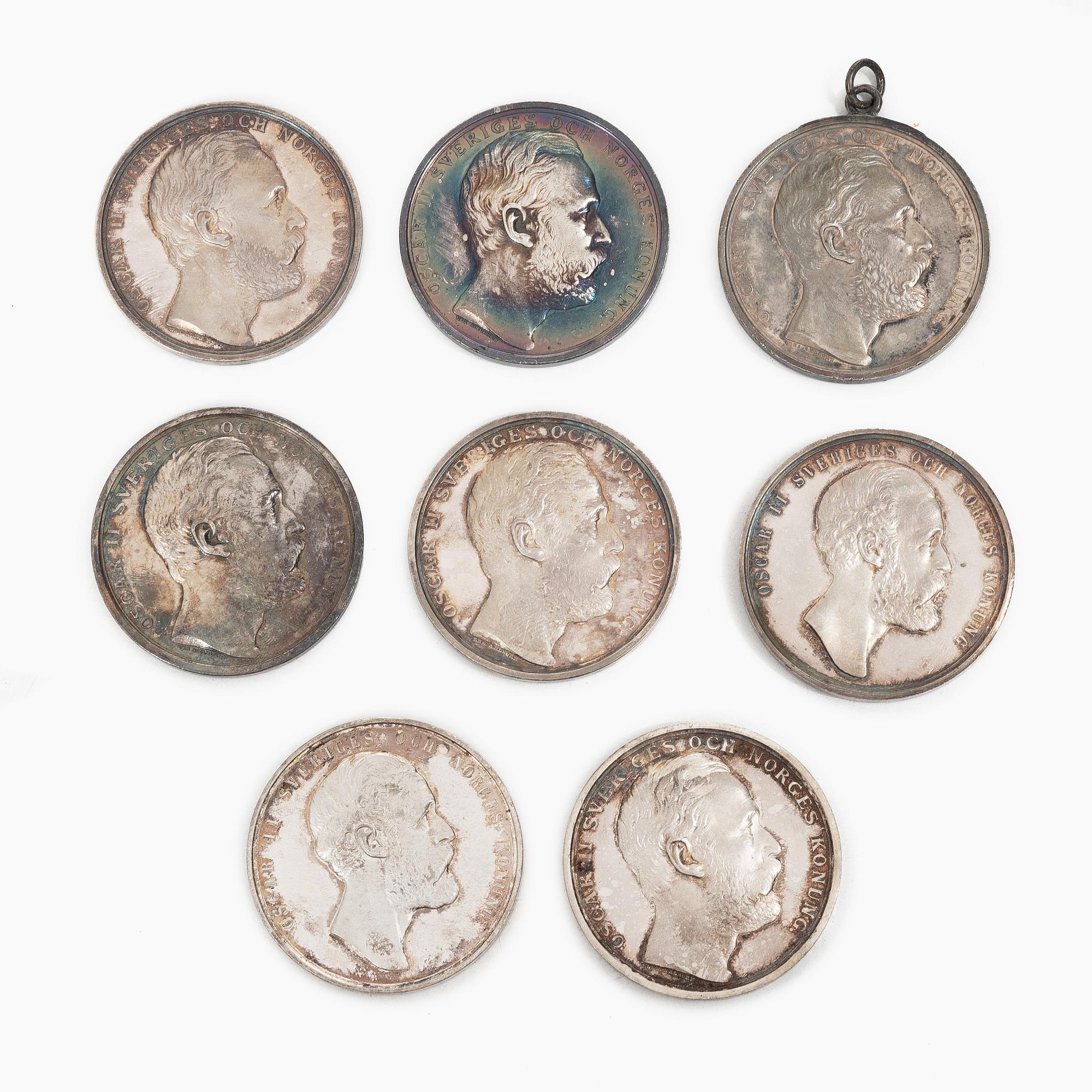 Eight silver medals, Kungliga Myntverket, Sweden, late 19th century.