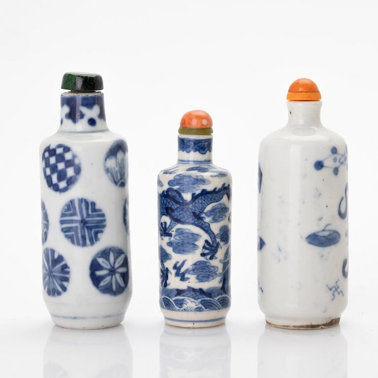 Snuff bottles, 3, porcelain, China, early 20th century.