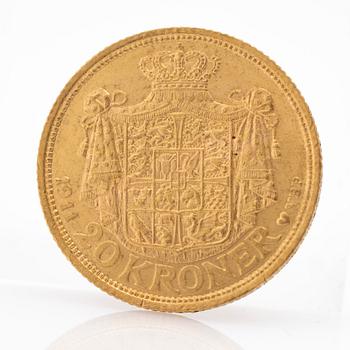 Gold coin Denmark, Frederik VIII 20 crowns, 1911.
