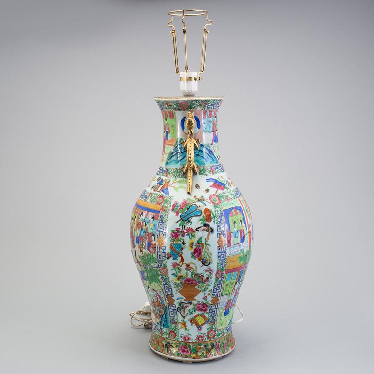 A CHINESE CANTON PORCELAIN VASE, 19th century, now a table lamp.