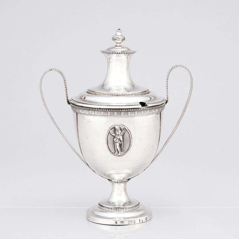 A Swedish silver sugar bowl, Johan Schvart, Karlskrona 1791 and suger spoon, Gustaf Möllenborg, Stockholm 1892.