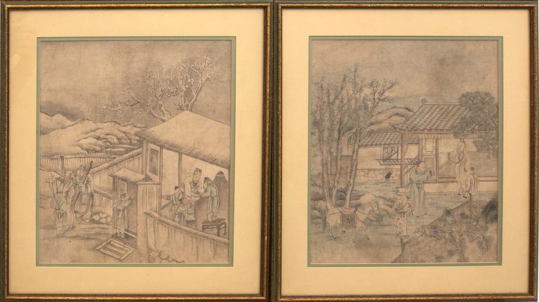 Oidentifierad konstnär, Trädgårdsvyer med figurer, Kina, 1900-tal.