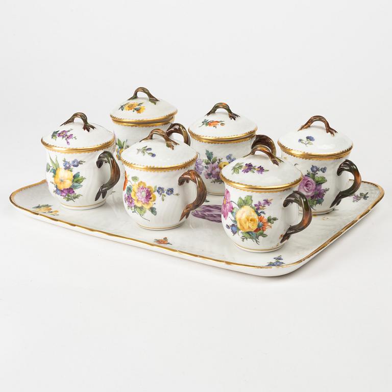 Royal Copenhagen, 14 porcelain custard cups with lids and tray, Denmark.