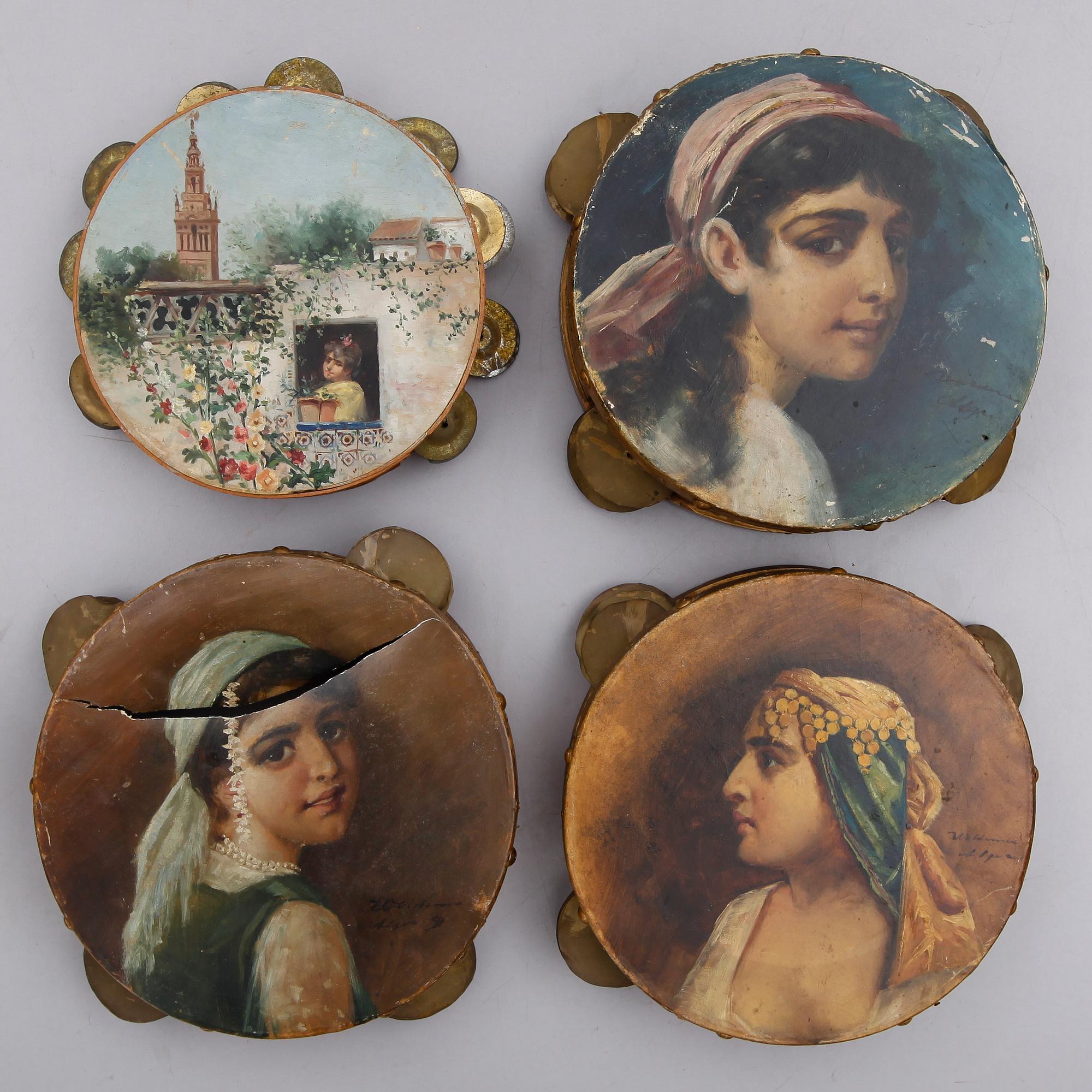 TAMBURINER, 4 st, otydligt signerade, Alger, 1890-tal.