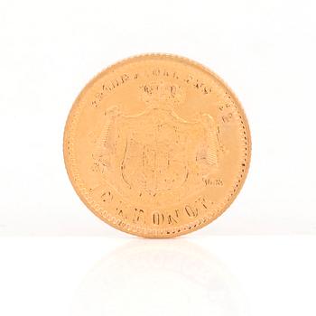 GULDMYNT, 10 kronor, Oscar II av Sverige och Norge 1883. Vikt ca 4,5 gram.