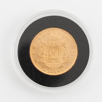 A French gold coin, Napolon III, 20 Francs, 1864.