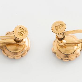 Earrings, a pair, gold and amethysts and seed pearls.