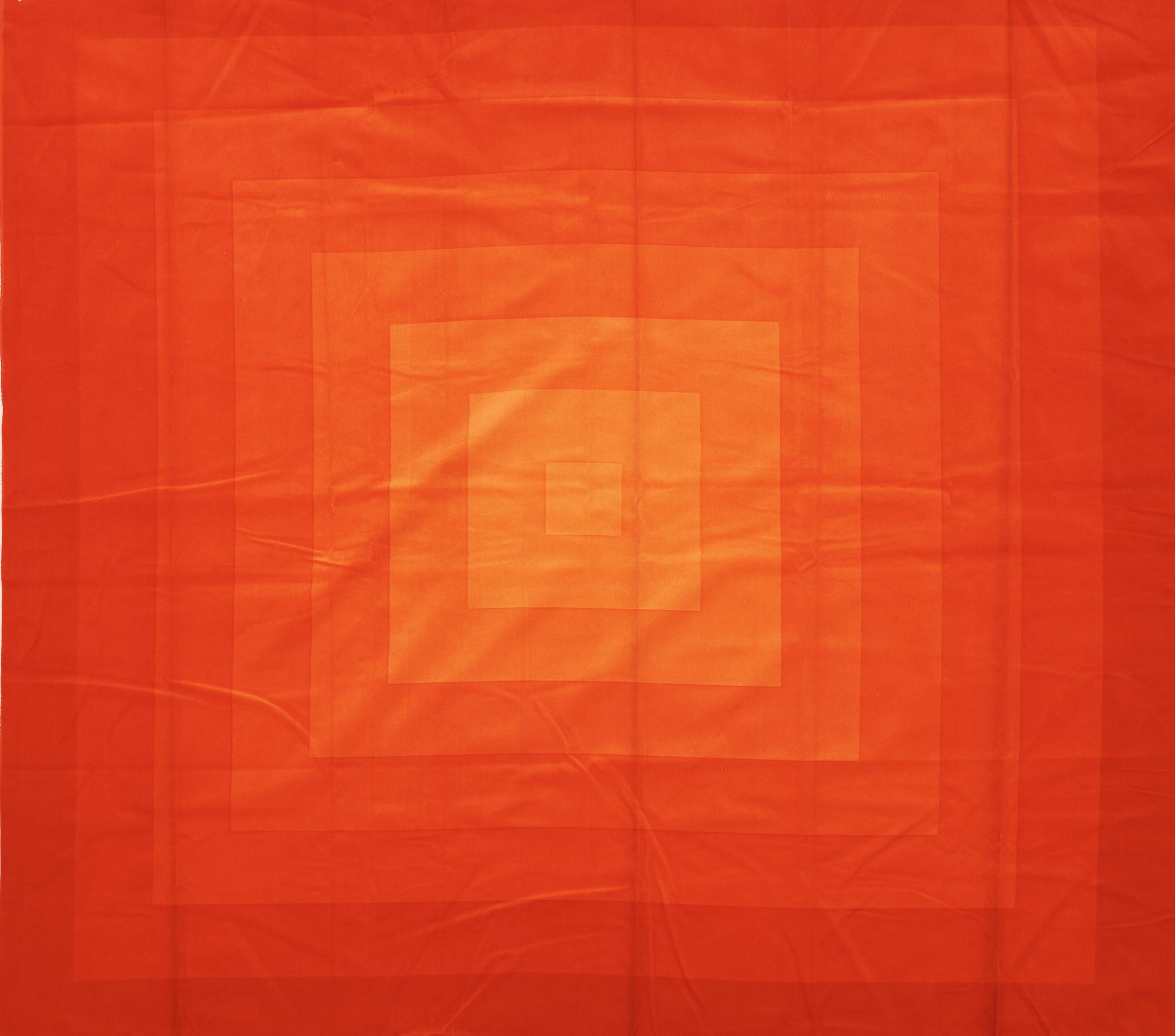 Verner Panton, CURTAINS, 2 PIECES, AND SAMPLERS, 11 PIECES.  Cotton velor. A variety of orange nuances and patterns. Verner Panton.