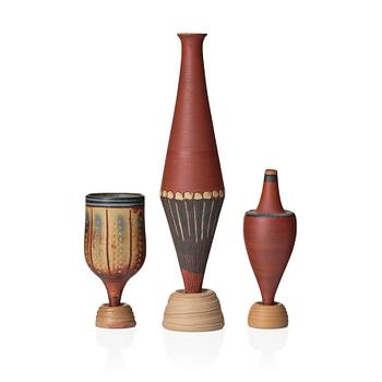 112. Wilhelm Kåge, a set of three miniature  'Farsta Spirea' stoneware vases, Gustavsberg studio, Sweden, one dated 1958.