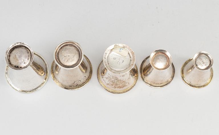 Five Swedish 18th century parcel-gilt silver beakers.