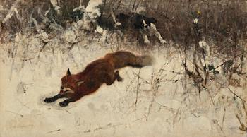 871. Bruno Liljefors, Winter hunting with fox and hound.