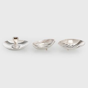 Tapio Wirkkala, Two silver bowls and a silver candlestick, Hopeatehdas, Helsinki, 1958 and 1961.