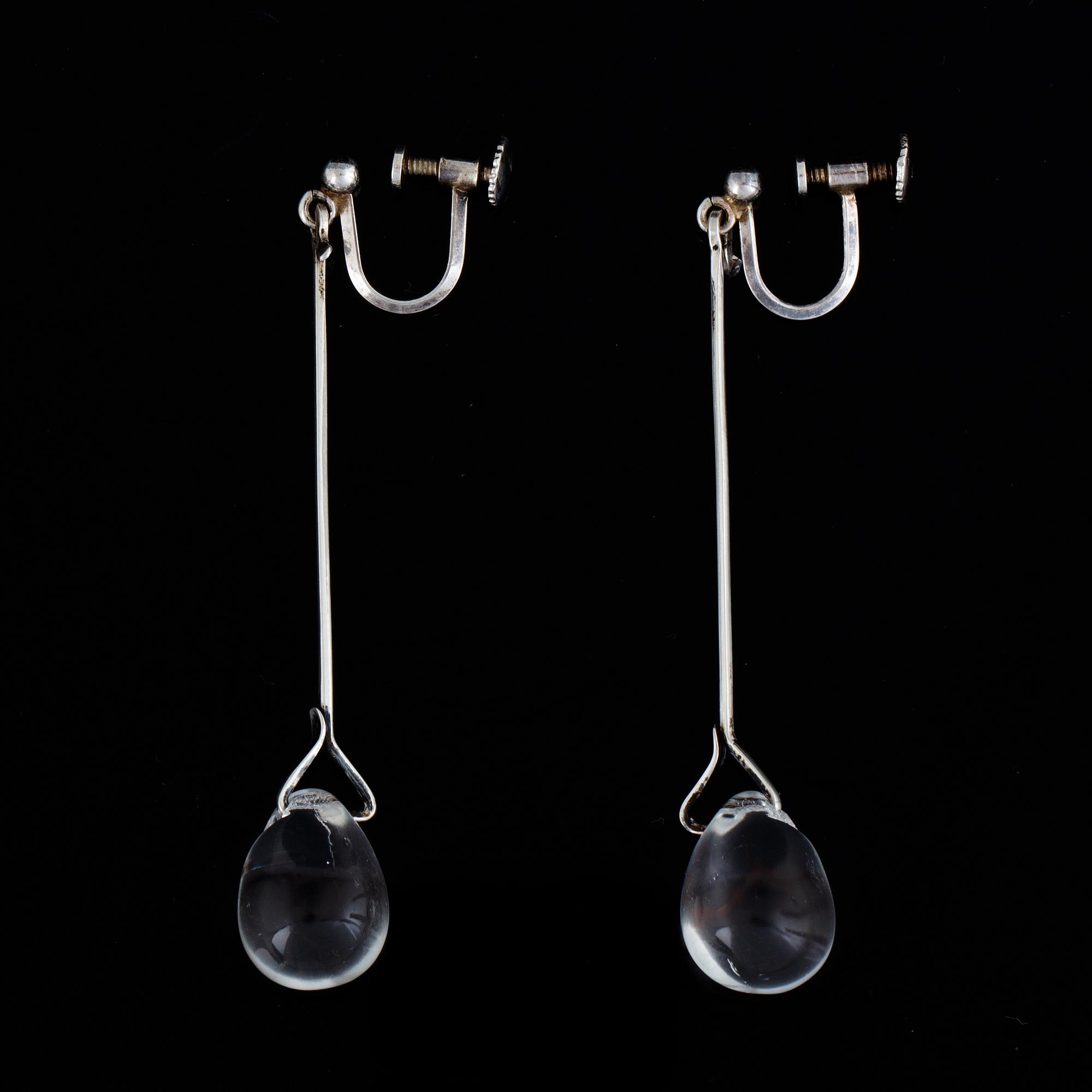 Vivianna Torun Bülow-Hübe, "dew drop" earrings, silver and glass drops.
