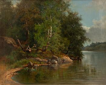 Josefina Holmlund, Inland landscape with children by the water's edge.