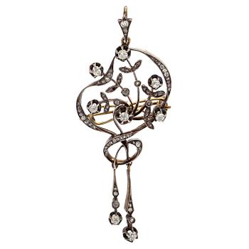 Brosch/hänge, silver och guld med gammalslipade och rosenslipade diamanter.