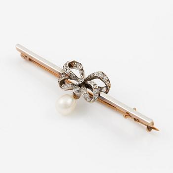 Brooch, 18K gold bow with old-cut diamonds and a pearl.