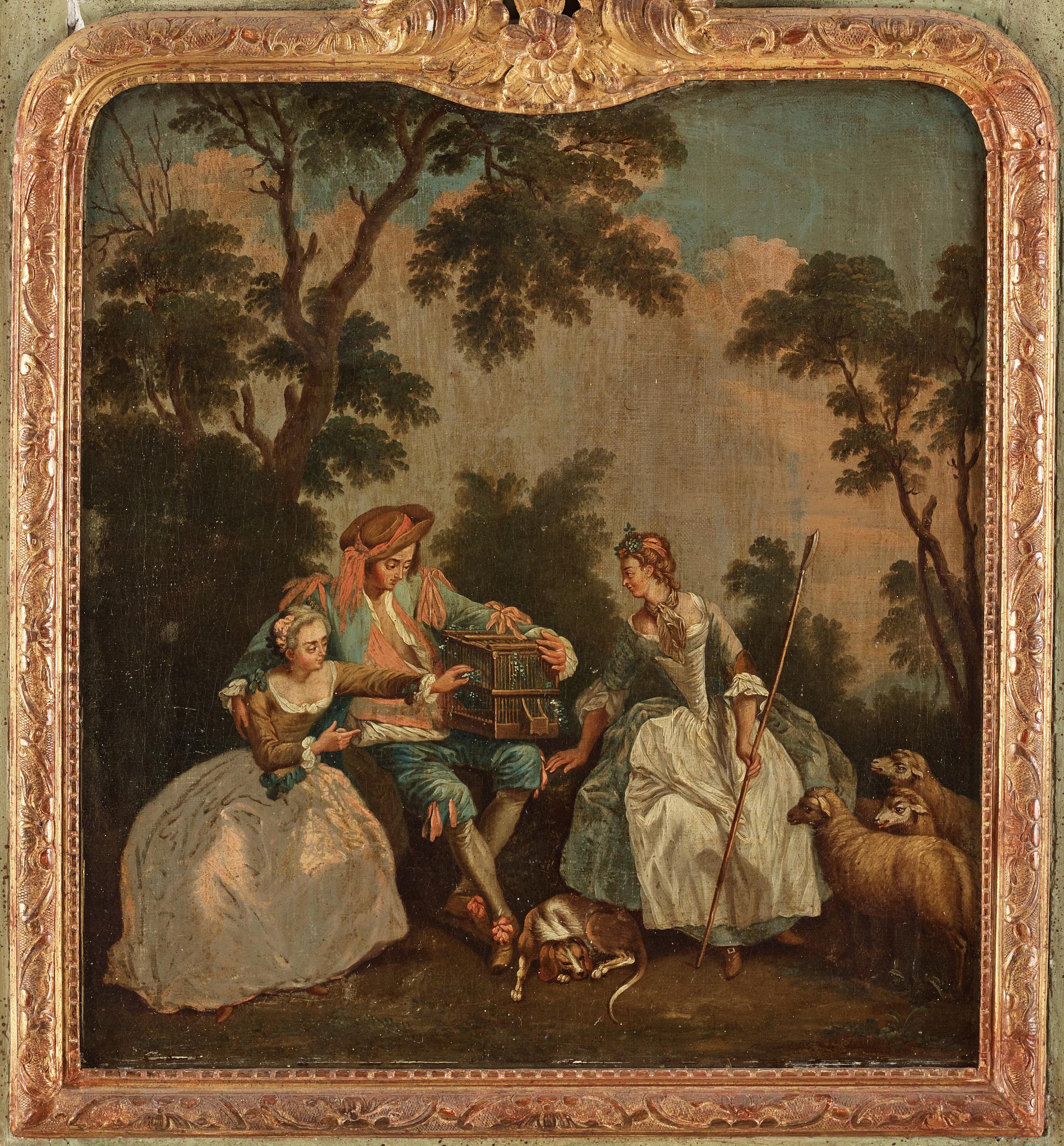 A wall panel with a painting and a mirror inlay, 18th century. Total measurements 177 x 102 cm.