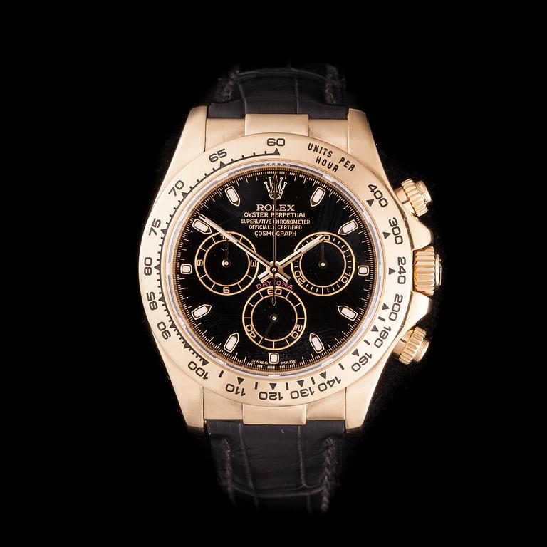 ARMBANDSUR, herr, Rolex Cosmograph Daytona, guld, läderarmband, originalbox, garanti intyg 2006.