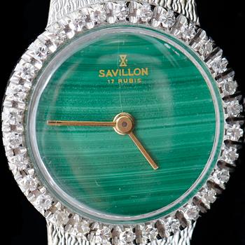DAMARMBANDSUR, Savillon, 18k vitguld med briljantslipade diamanter, tot. ca 0.30 ct samt malakit. Tot ca 34 g.
