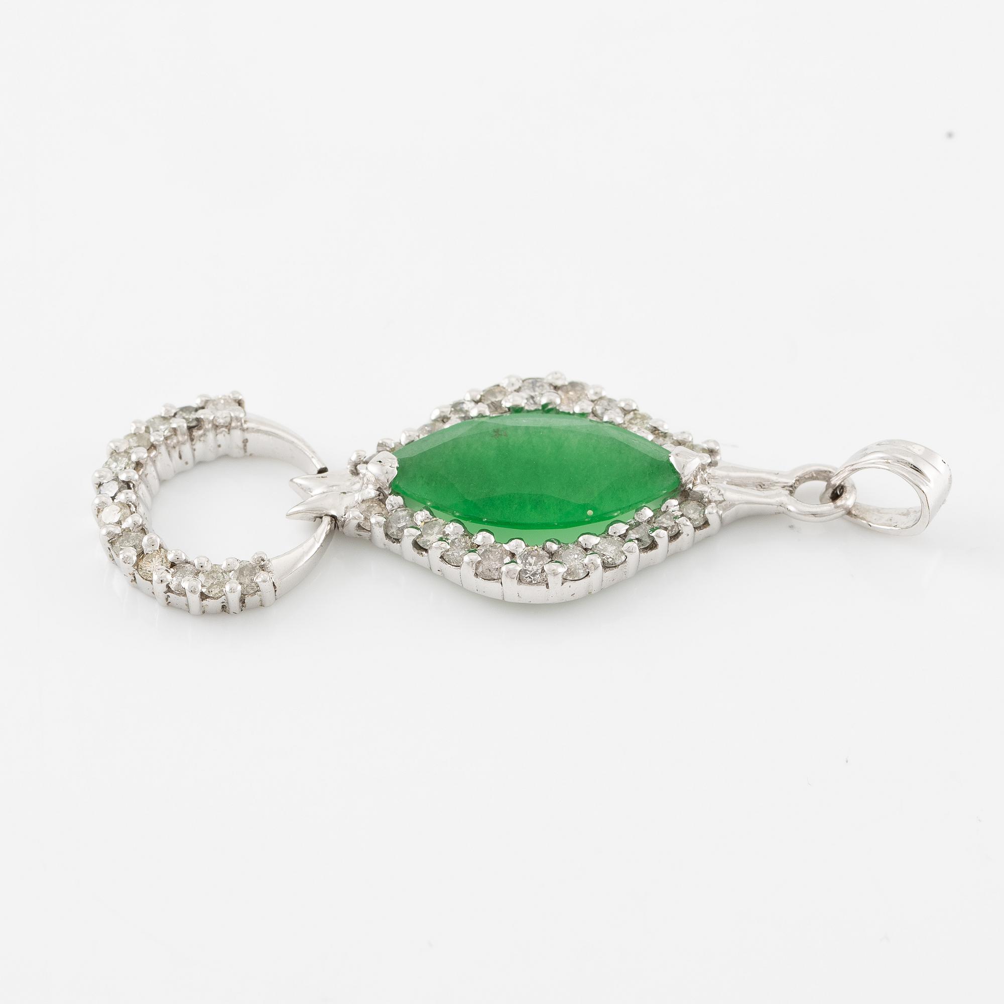Pendant, low-grade white gold with green quartz and brilliant-cut diamonds.