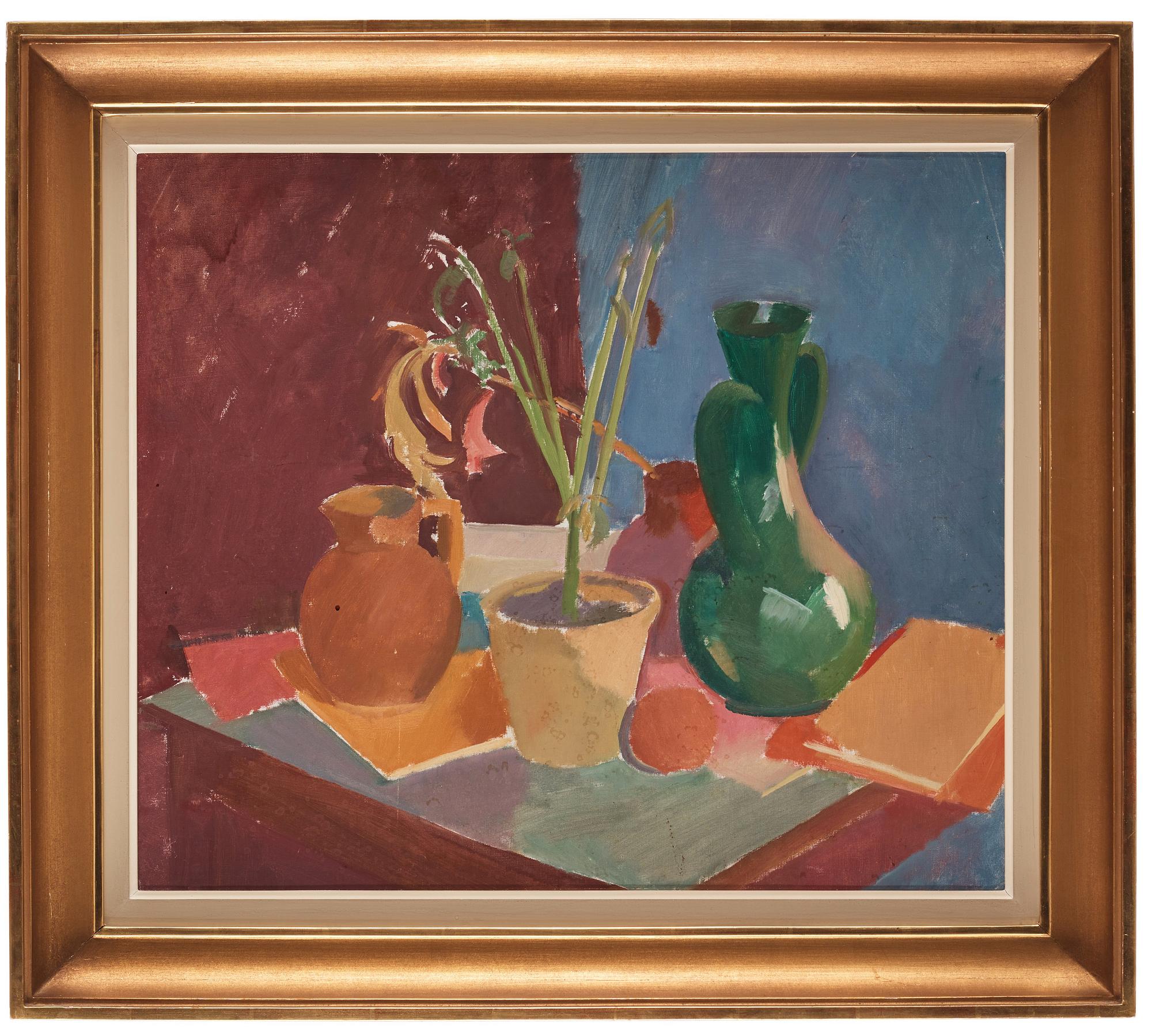 Karl Isakson, "Nature morte med blommor i grå kruka, grön vas, frukter och böcker".