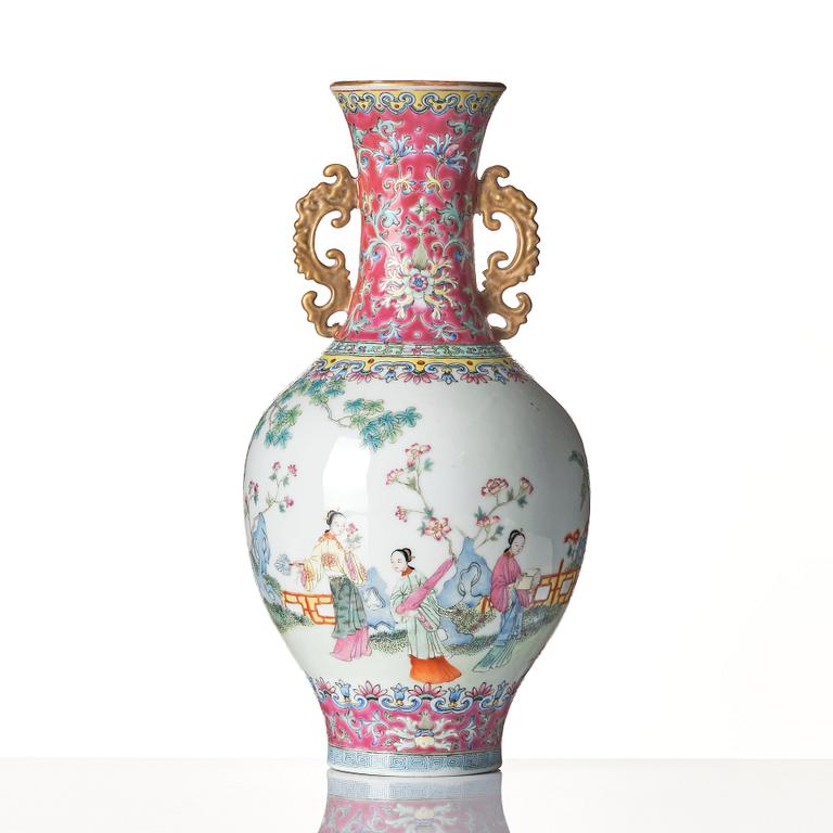 A famille rose vase, late Qing dynasty/Republic with Qianlong mark.