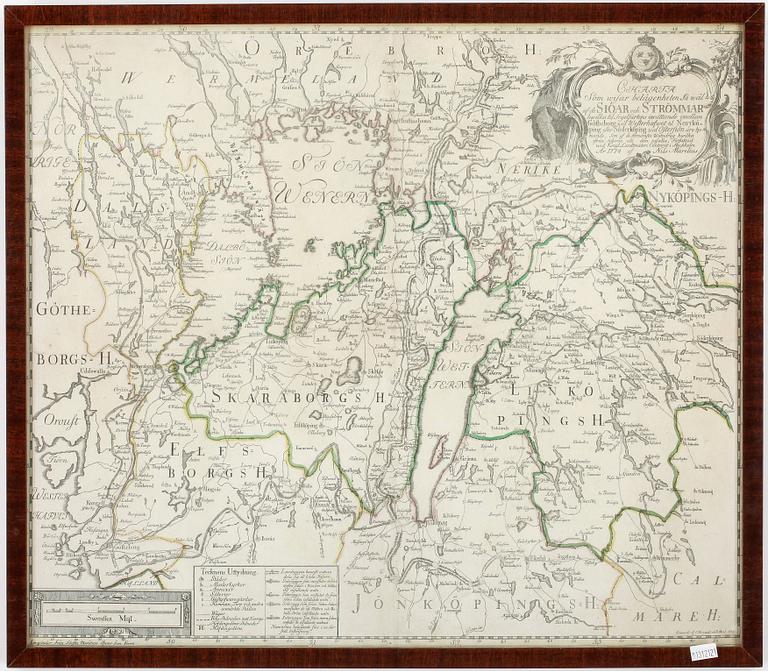 KARTA, delvis kolorerat kopparstick, Nils Marelius, daterat 1774 i plåten.