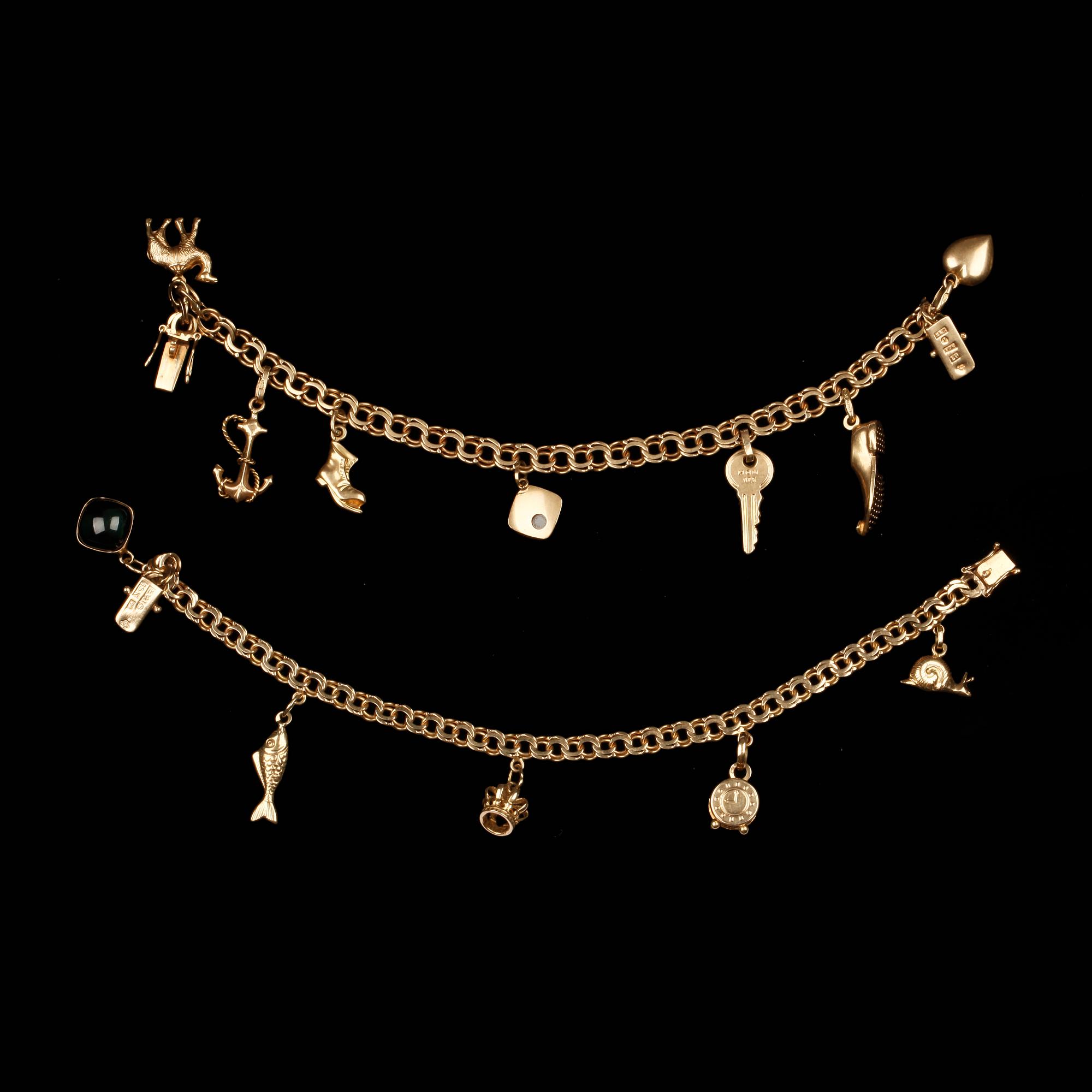 GULDARMBAND, 2 st, 18k guld, 1960-tal Sverige. Total vikt ca 31 gram.