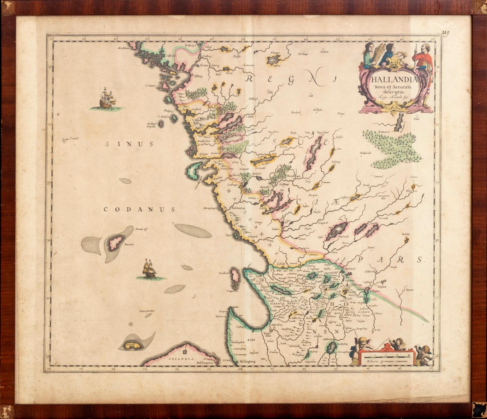 HUGO ALLARDT - MAP, Halland Sweden, hand colored engraving, 17th / 18th century.