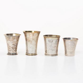 Beakers, 4 pcs, silver, various makers, 18th century.