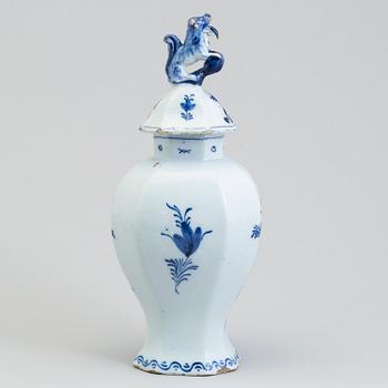 A lidded faience urn, Delft, The Netherlands, 18th century.
