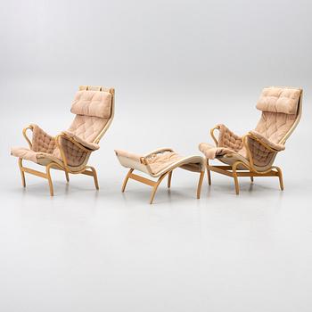 Bruno Mathsson, a pair of armchairs, with an ottoman, "Pernilla", DUX.
