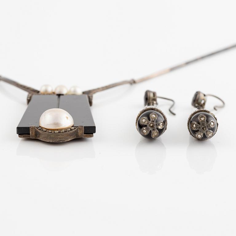 Necklace and a pair of earrings, silver, onyx, mother-of-pearl, and pyrite.