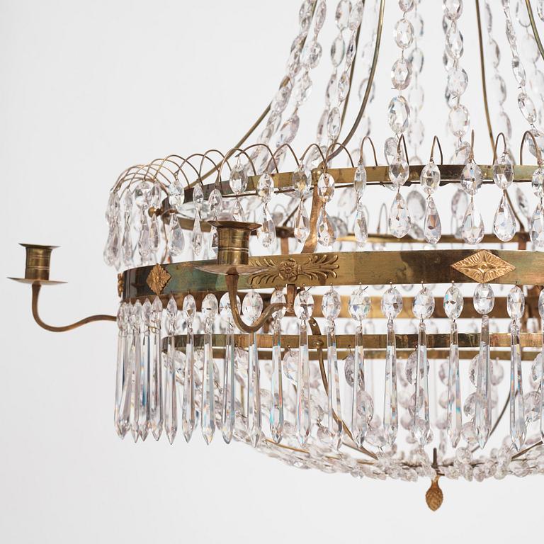 A late Gustavian gilt-brass and cut-glass six-light chandelier, Stockholm, circa 1800.