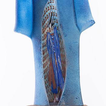 Kjell Engman, skulptur, glas, "Man in trenchcoat", unik, Kosta Boda, signerad.