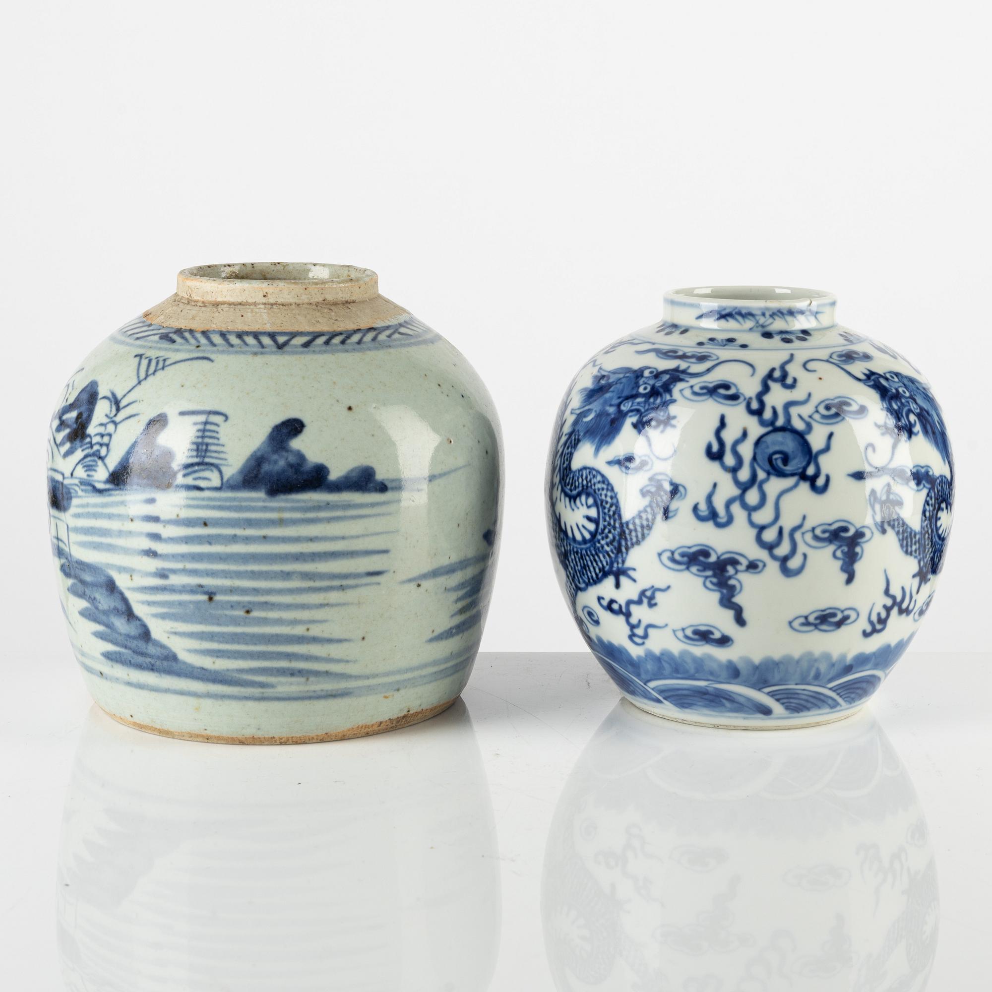 Two blue and white urns and a Canton box with cover, China, 19th century.