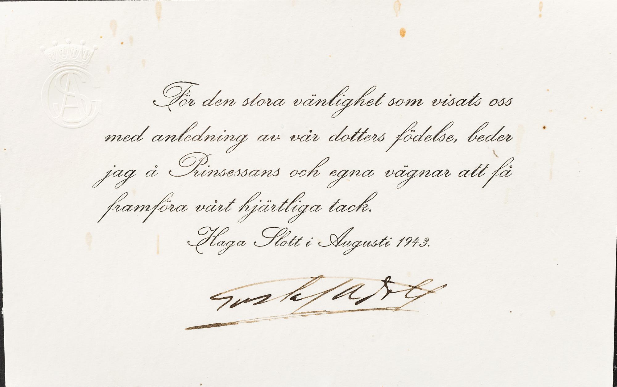 AUTOGRAF, Kronprins Gustaf Adolf, 1943.