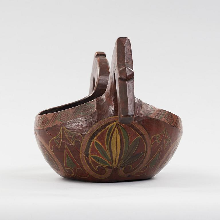 A Norwegian 19th century "Kjenge" painted carved wood ale cup bowl.