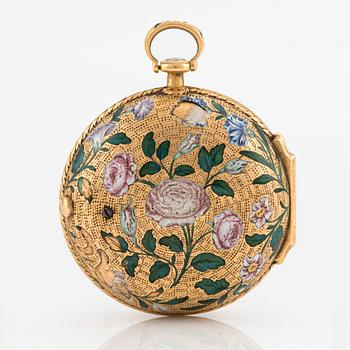 A 20k gold and enamel pocket watch by J-B Dutertre, the case by F. Bergs, Stockholm 1754.